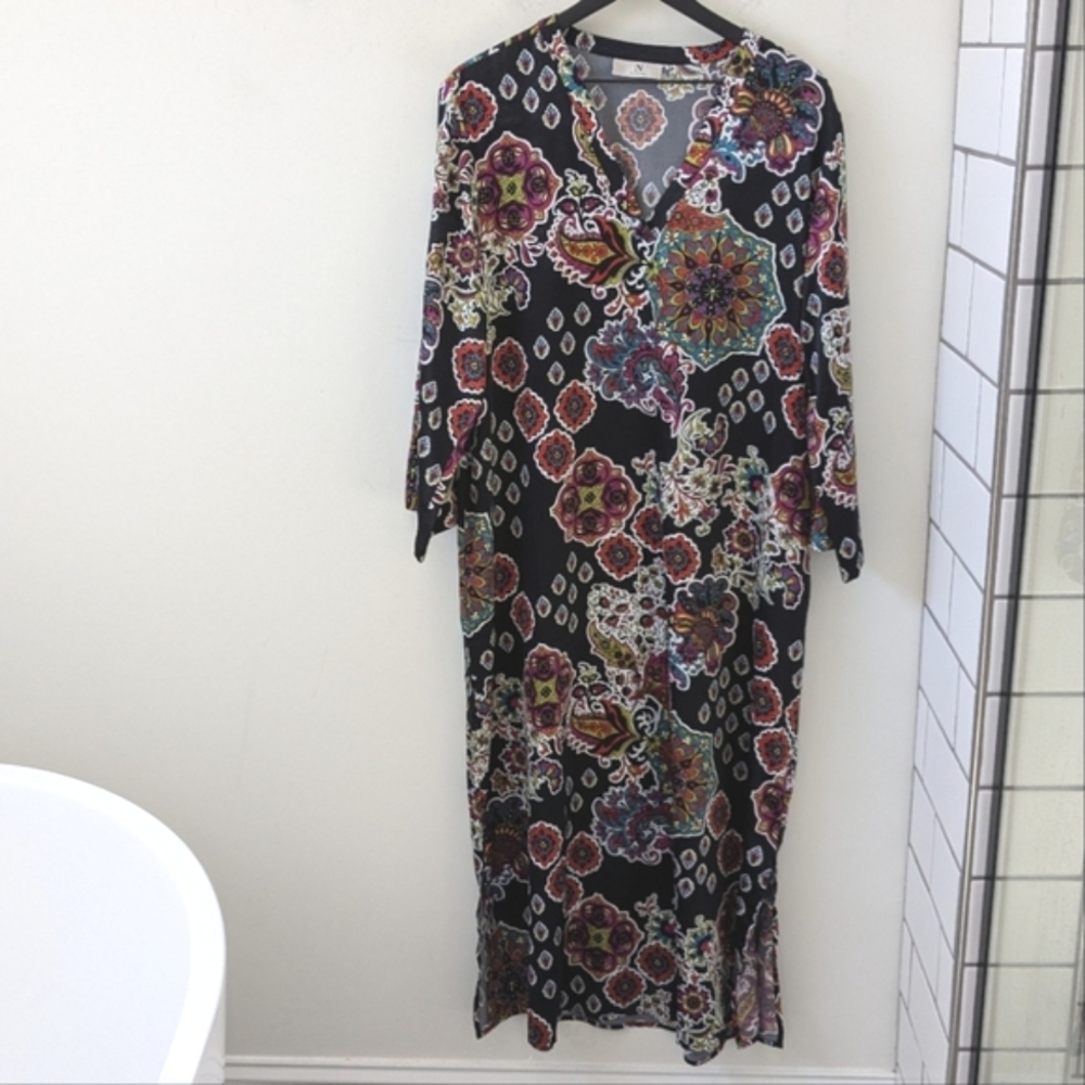 Natori Women's Silky Boho Medallian Multicolored Print Maxi Kaftan Dress Large